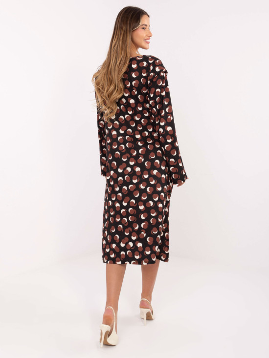 Black midi dress with geometric pattern and ruching