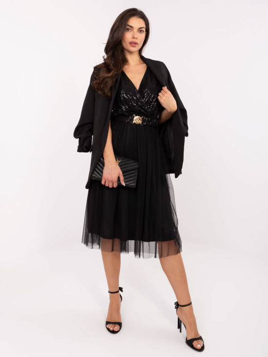 Black midi dress with belt and sequin detail