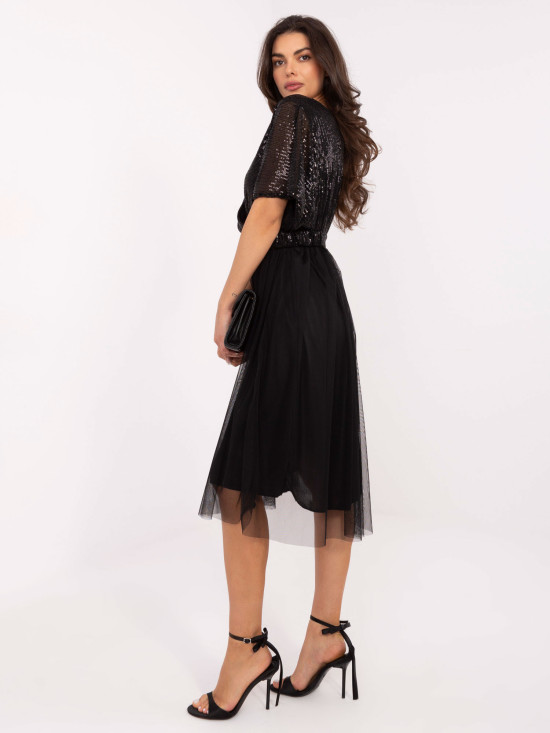 Black midi dress with belt and sequin detail