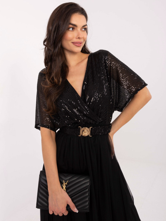 Black midi dress with belt and sequin detail