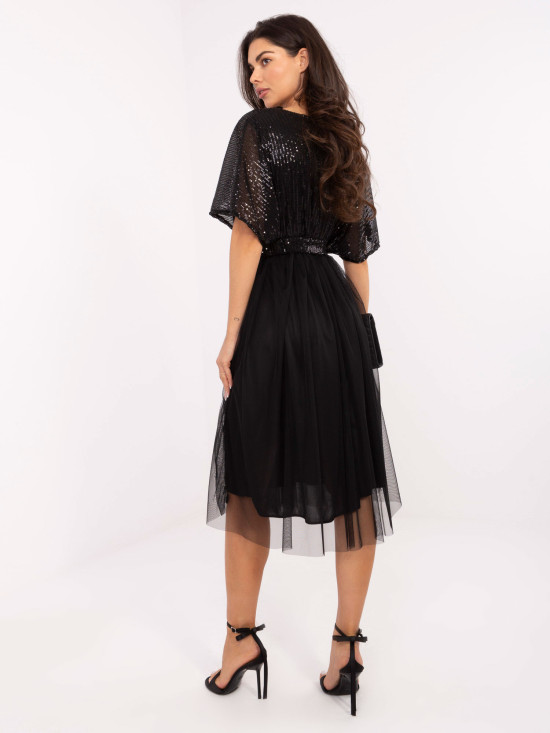 Black midi dress with belt and sequin detail