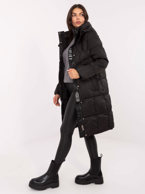 Long black quilted coat with hood