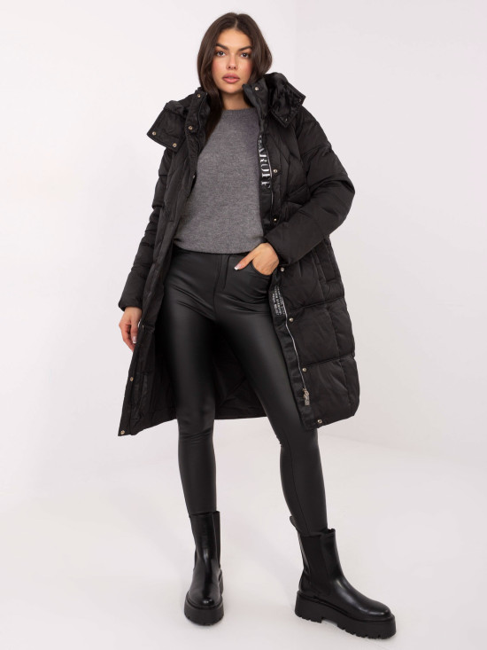 Long black quilted coat with hood