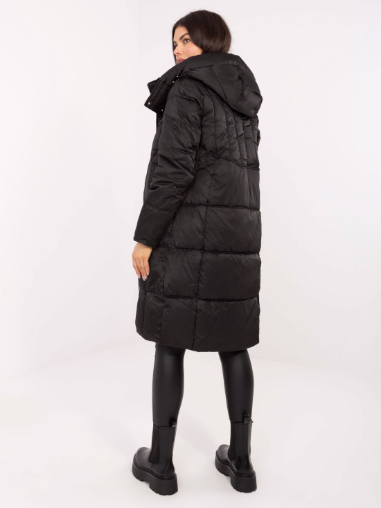 Long black quilted coat with hood