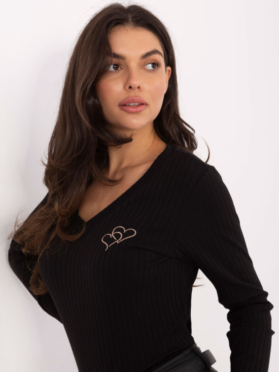 Black cotton blouse with embroidery and V-neckline