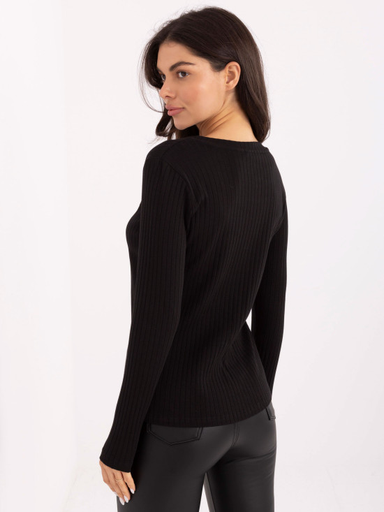 Black cotton blouse with embroidery and V-neckline