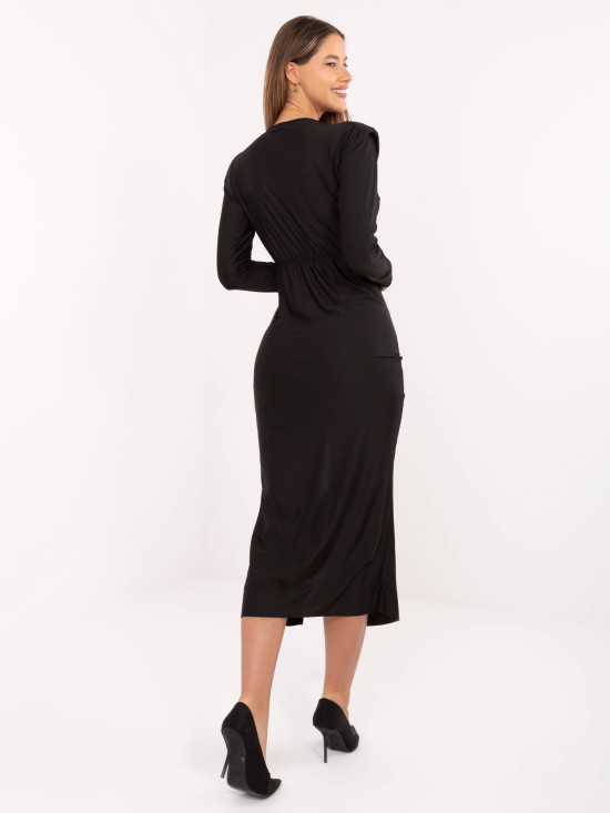 Black midi pencil dress with long sleeves and wrap neckline