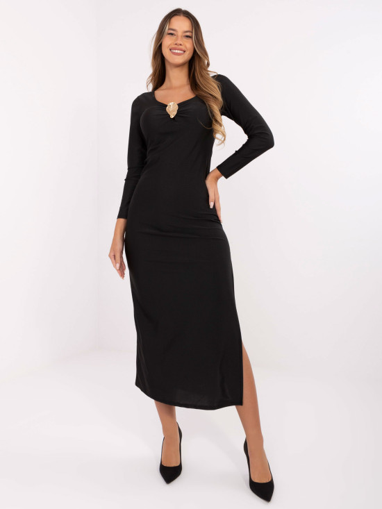 Elegant black midi dress with long sleeves and V-neckline