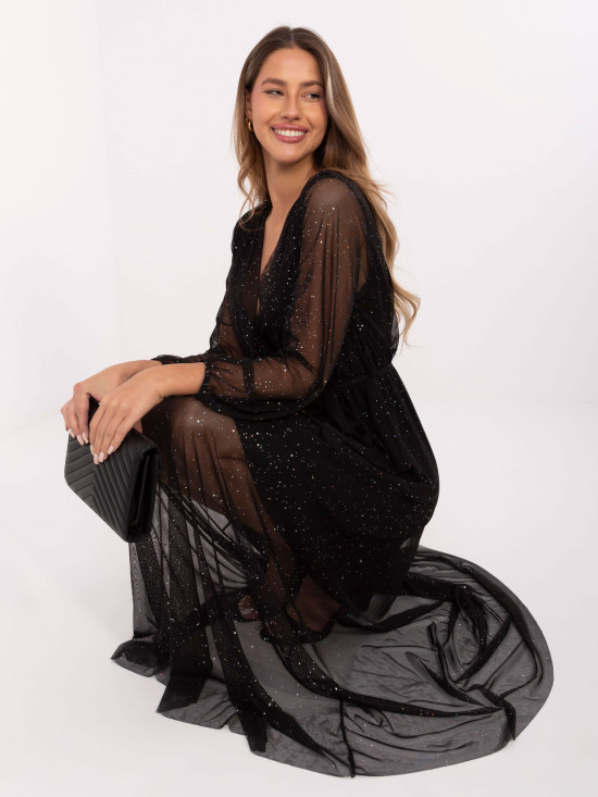 Black maxi dress with belt and applique