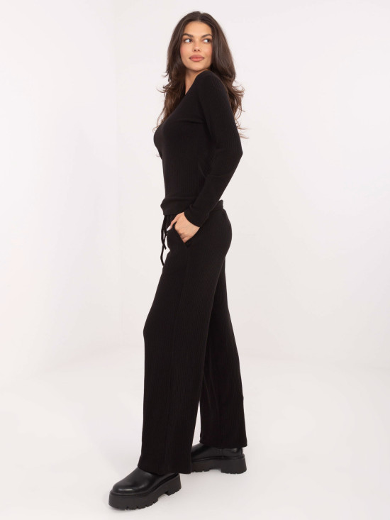 Black Wide Ribbed High-Waisted Trousers