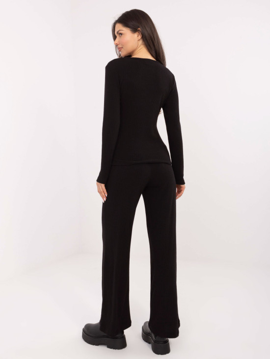Black Wide Ribbed High-Waisted Trousers