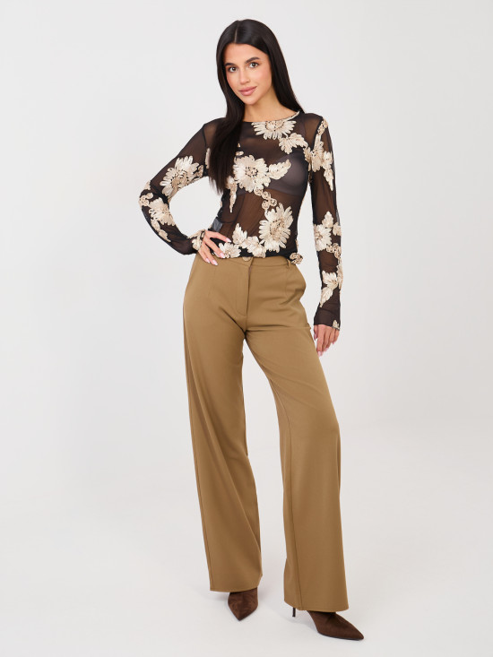 Elegant black blouse with beige embroidery and floral motif
