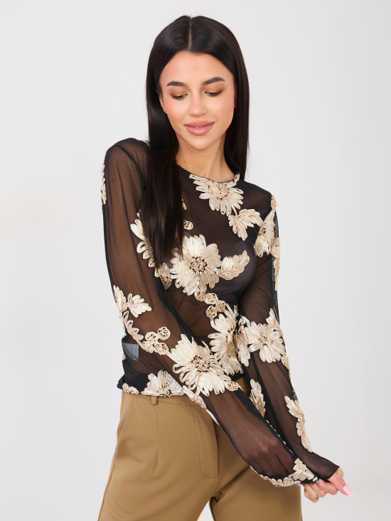 Elegant black blouse with beige embroidery and floral motif