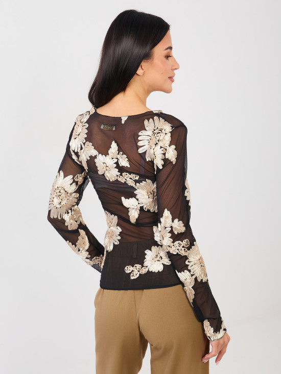 Elegant black blouse with beige embroidery and floral motif