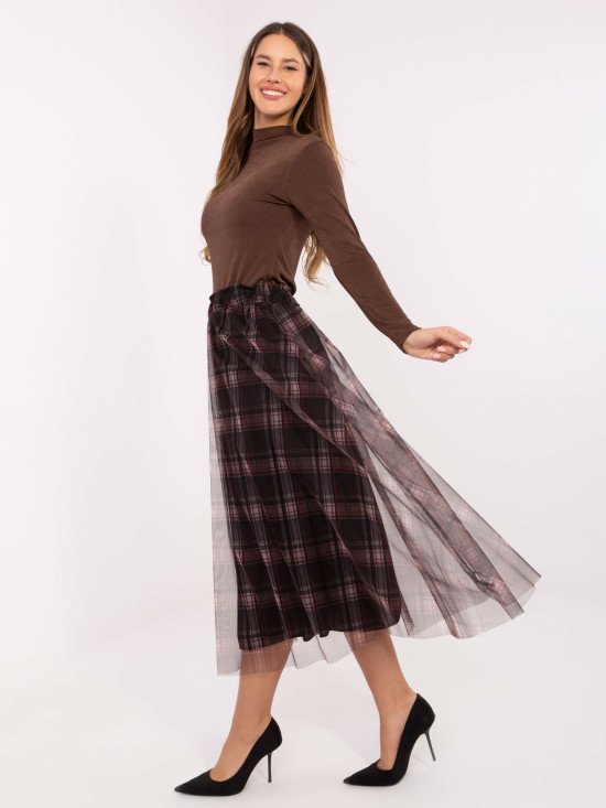 Black elegant tulle skirt with check pattern, midi
