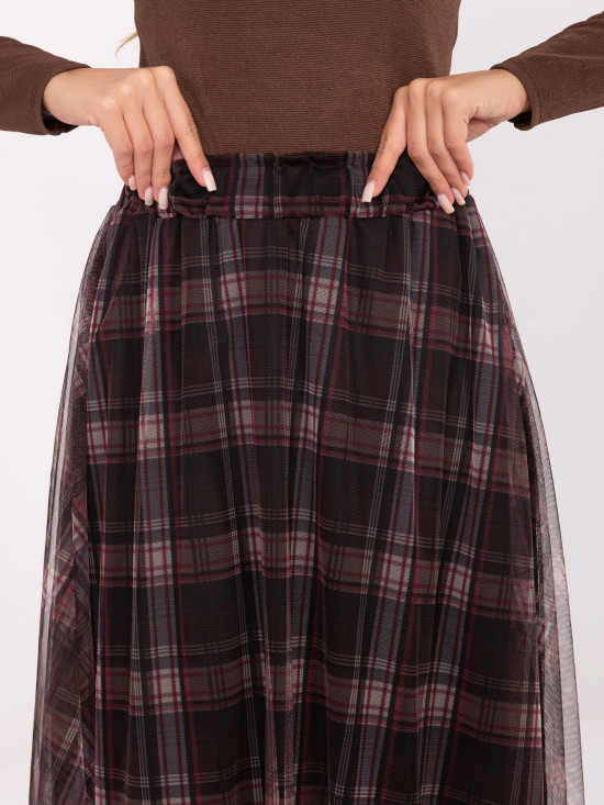 Black elegant tulle skirt with check pattern, midi