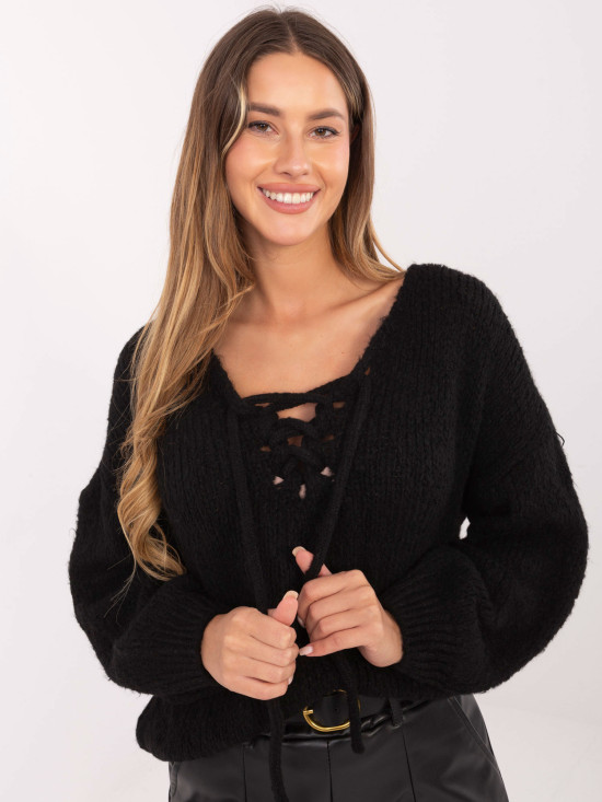 Black knitted sweater with lace-up neckline