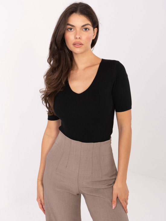 Black ribbed short-sleeve V-neck sweater