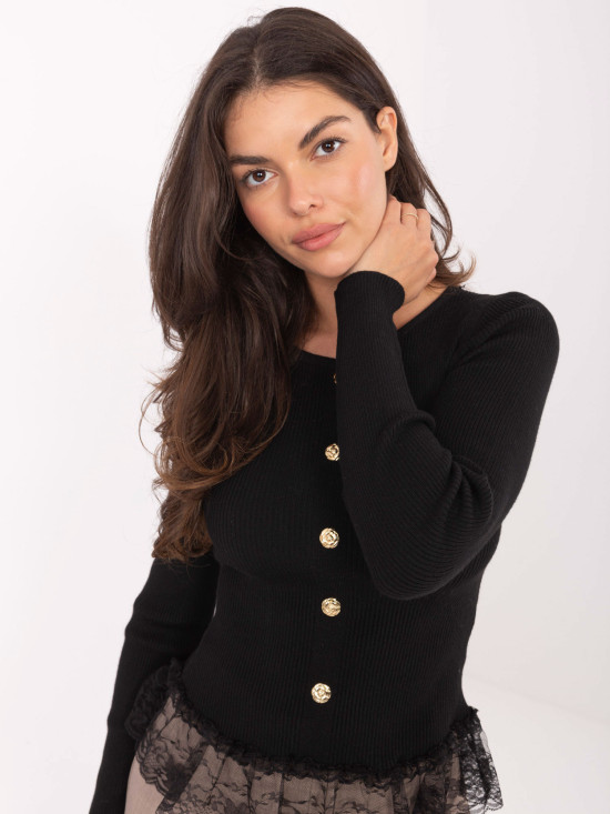 Elegant black sweater with lace and buttons