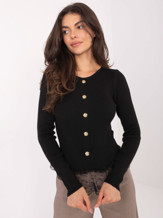 Elegant black sweater with lace and buttons