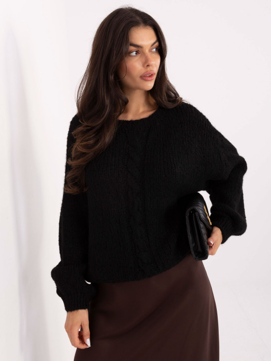 Black sweater with puff sleeves and round neckline