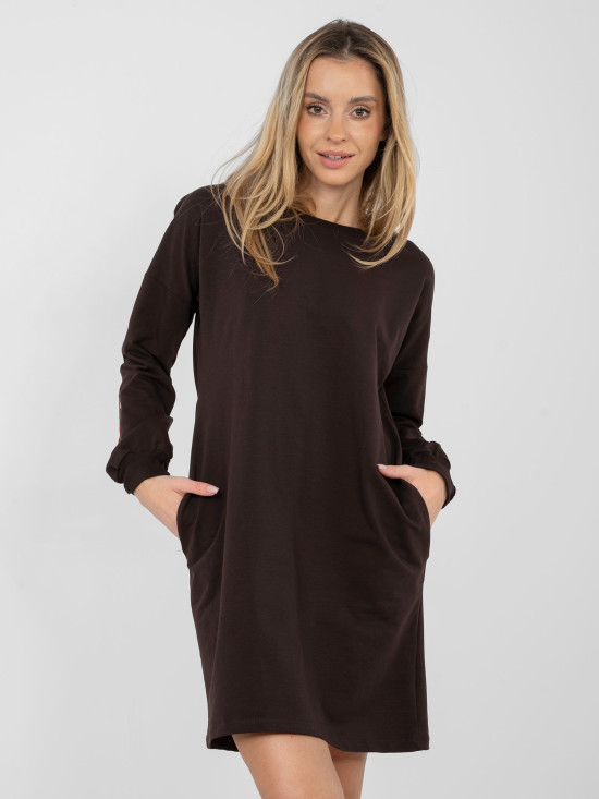 Brown cotton mini dress with long sleeves and pockets