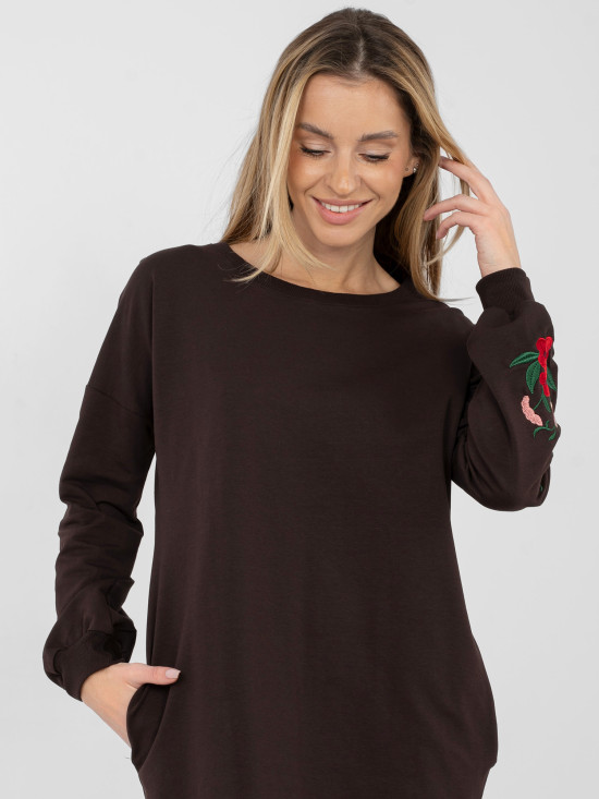 Brown cotton mini dress with long sleeves and pockets