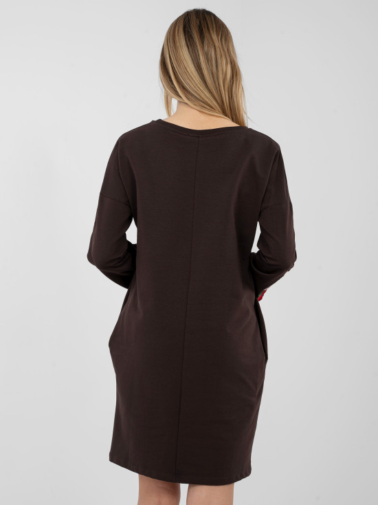 Brown cotton mini dress with long sleeves and pockets