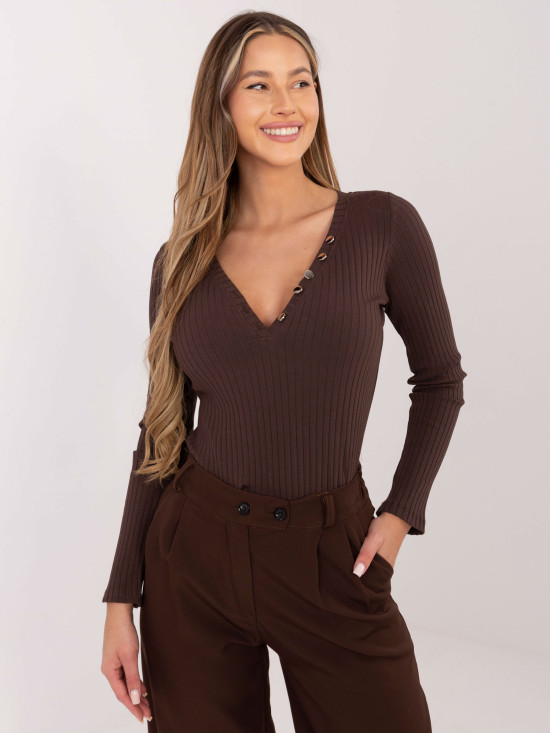 Brown ribbed blouse with V-neck and buttons