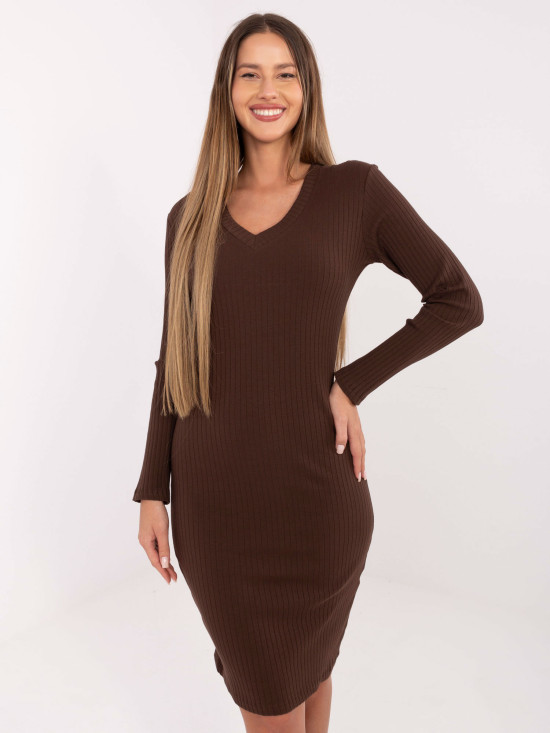 Brown Ribbed Pencil Dress with V-Neckline