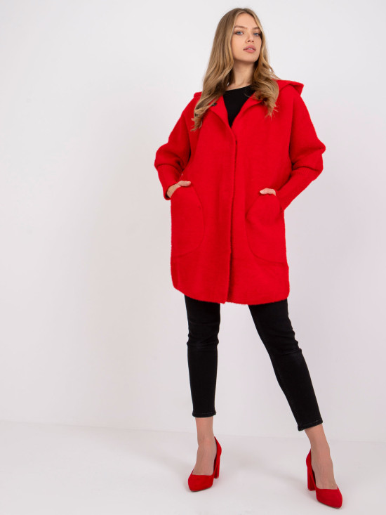 Red wool and angora transitional coat with hood, oversize fit