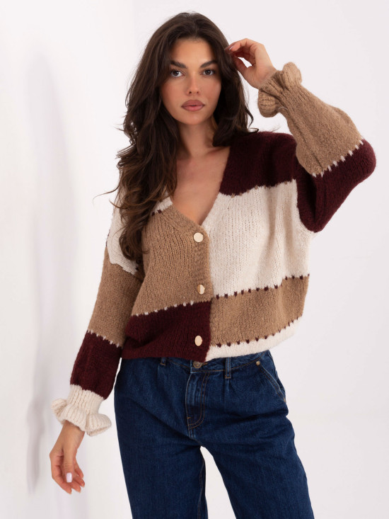 Burgundy striped sweater with ruffle and V-neck