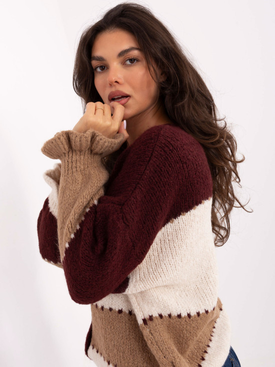 Burgundy striped sweater with ruffle and V-neck