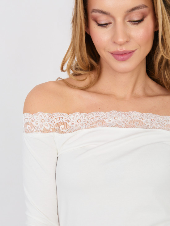 Elegant blouse with lace and off-shoulder neckline, ecru