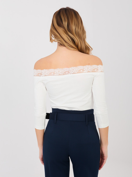 Elegant blouse with lace and off-shoulder neckline, ecru