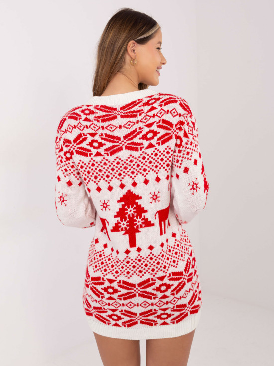 Long women's sweater with print, ecru