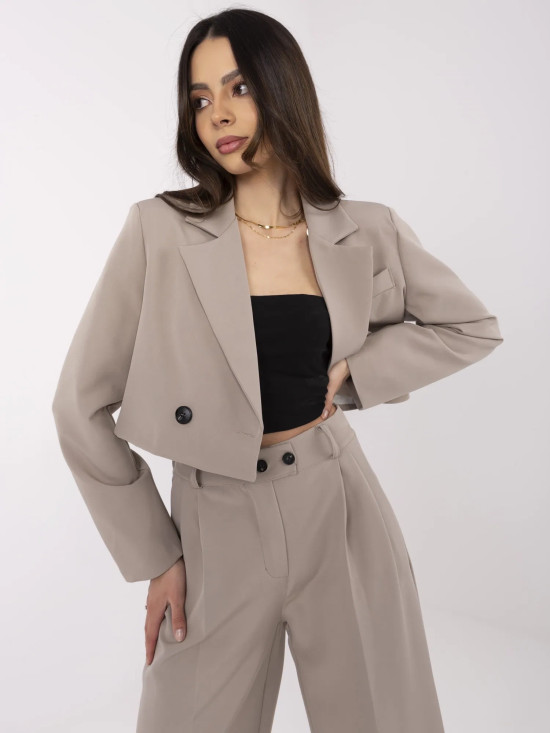 Beige women's set with long-sleeve blazer and wide-leg trousers