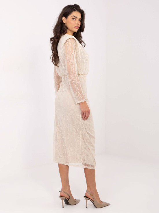Beige midi pencil dress with lace and lining