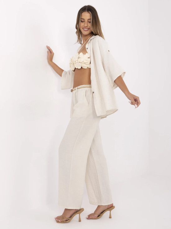Beige Wide Leg Pants with Belt