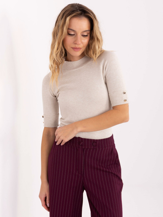 Elegant beige sweater with mock neck and short sleeves