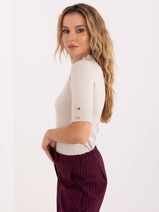 Elegant beige sweater with mock neck and short sleeves