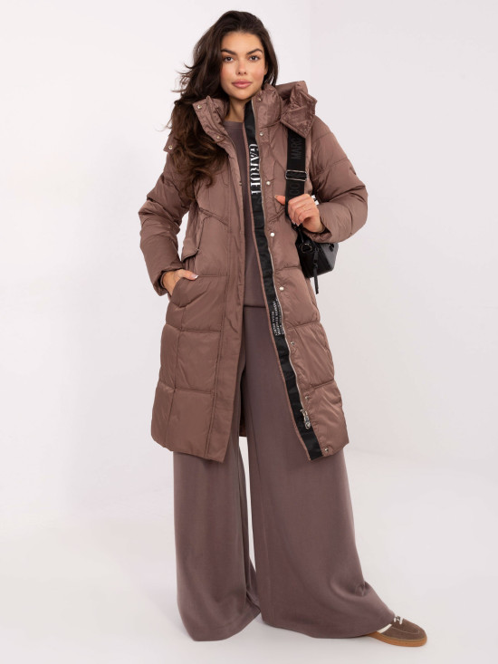 Long beige quilted coat with hood