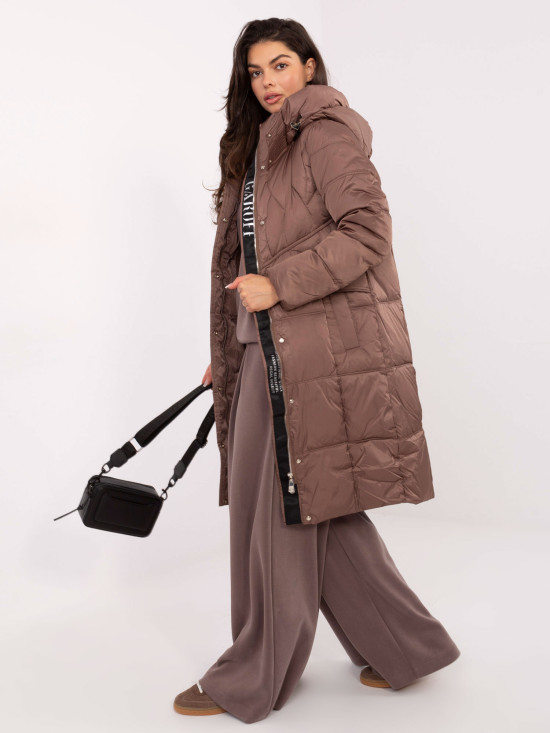 Long beige quilted coat with hood
