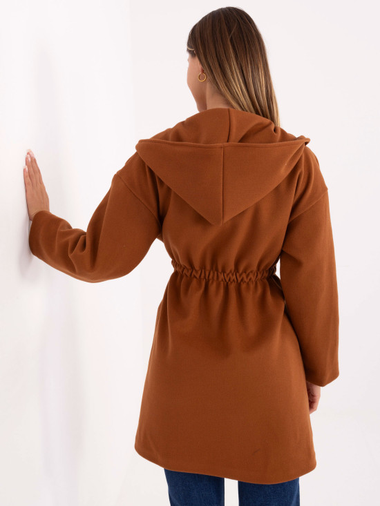 Beige transitional coat with hood and belt