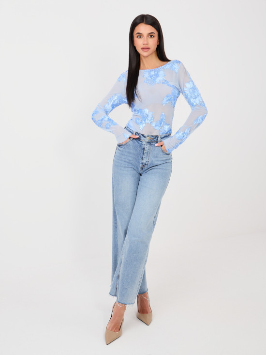 Elegant light blue blouse with floral appliqué and embroidery
