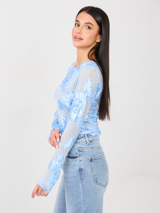 Elegant light blue blouse with floral appliqué and embroidery