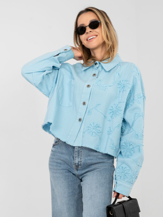 Short light blue denim jacket with floral appliqué