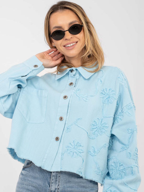 Short light blue denim jacket with floral appliqué