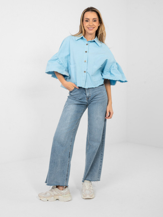 Short light blue denim jacket with ruffle and 3/4 sleeves