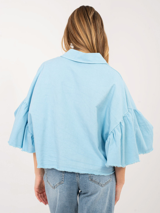 Short light blue denim jacket with ruffle and 3/4 sleeves